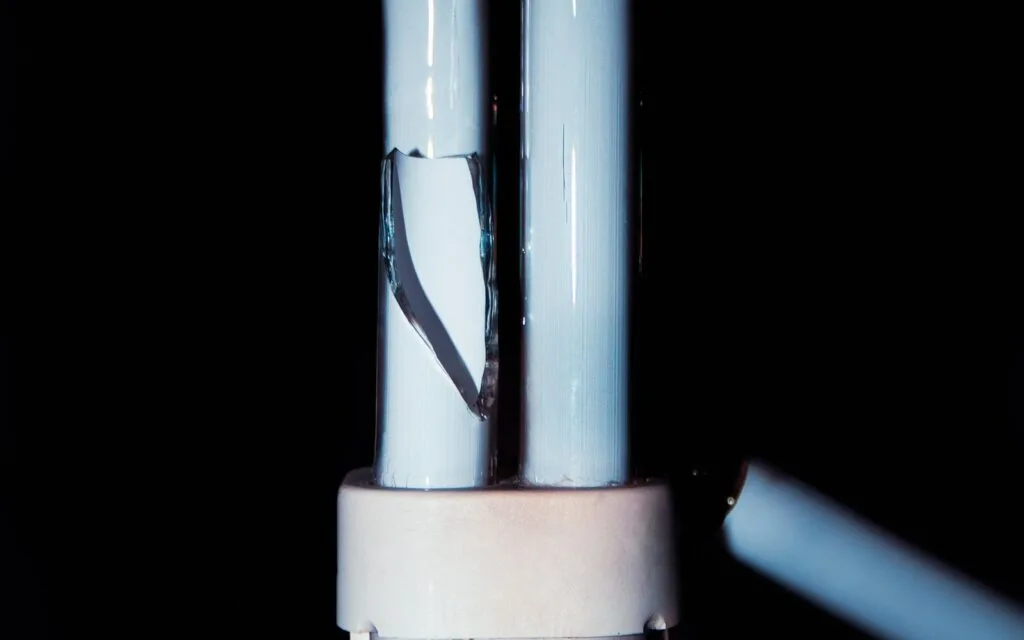 Broken compact fluorescent light bulb containing mercury, which needs specialist disposal