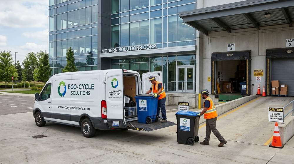Scheduled corporate e-waste collection with branded van at office loading dock and labeled recycling bins