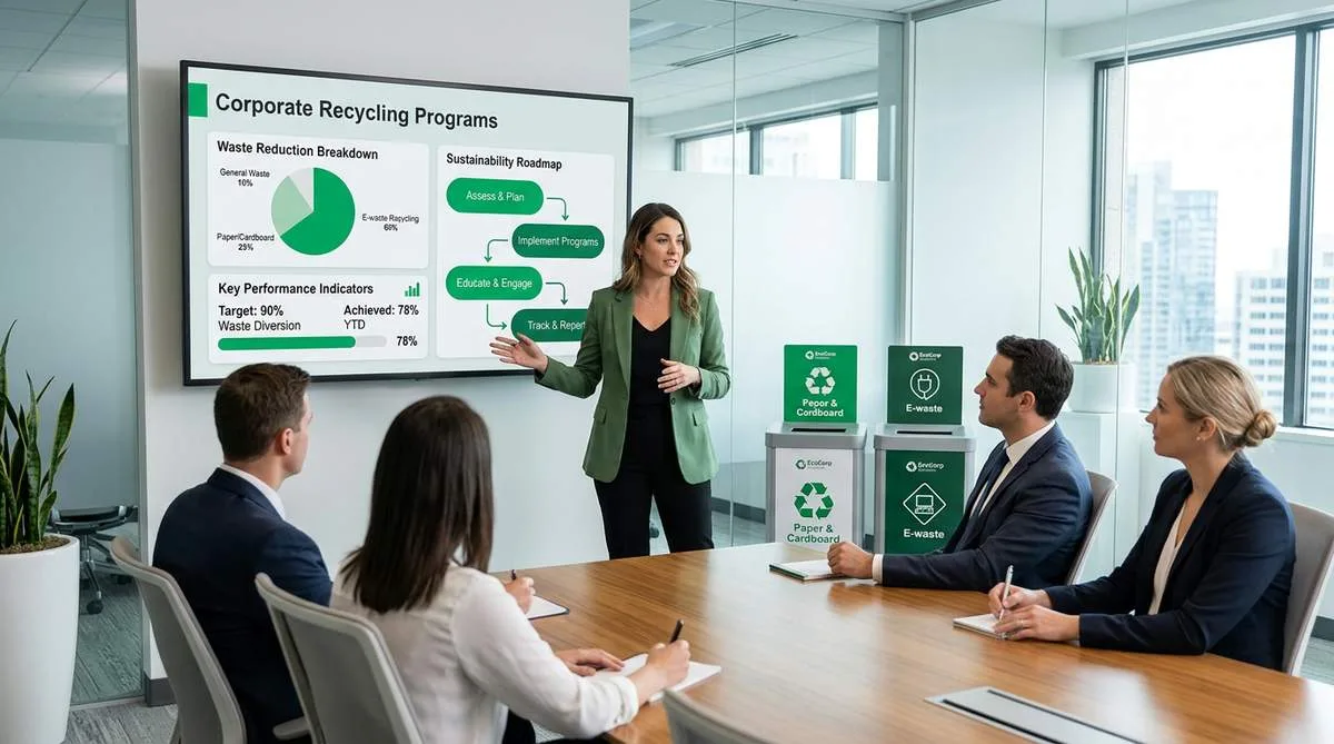 Corporate e-waste recycling program consultation with sustainability consultant presenting waste reduction metrics and recycling roadmap to business executives