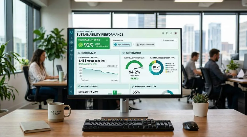 Sustainability impact dashboard showing CO2 avoided, materials recovered, and landfill diversion metrics