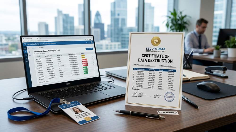 Data destruction certificate and tracking database showing serial numbers and destruction status