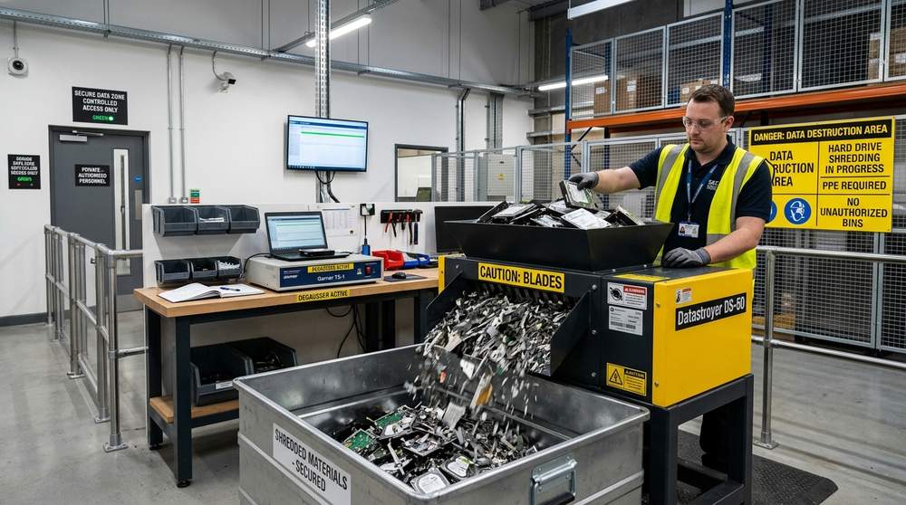 Hard drive shredder and degaussing equipment in a secure data destruction facility