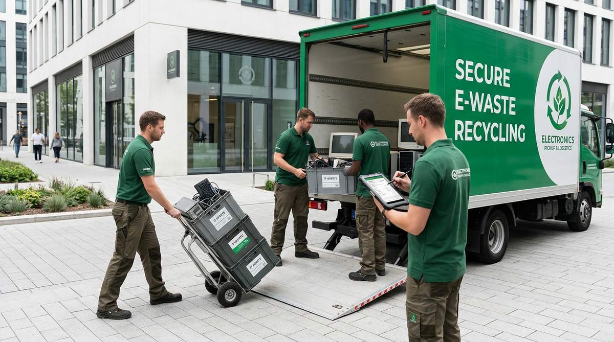 Professional e-waste pickup and logistics service with branded truck being loaded with electronic waste for responsible recycling