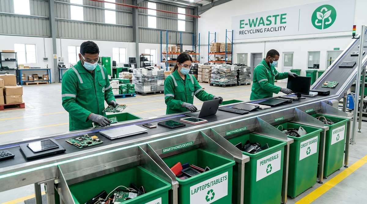 Professional e-waste recycling facility with workers sorting electronic devices including laptops phones and circuit boards according to WEEELABEX standards