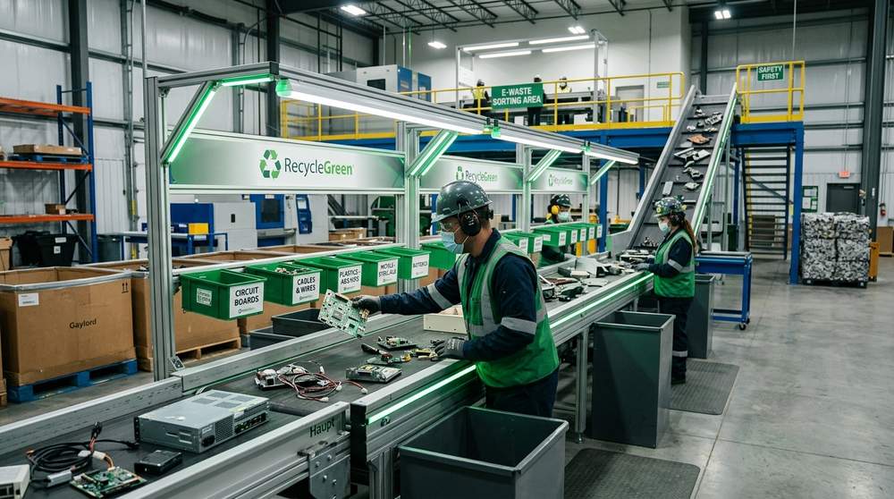 Inside WMG e-waste recycling facility with workers sorting electronic components on conveyor belt system