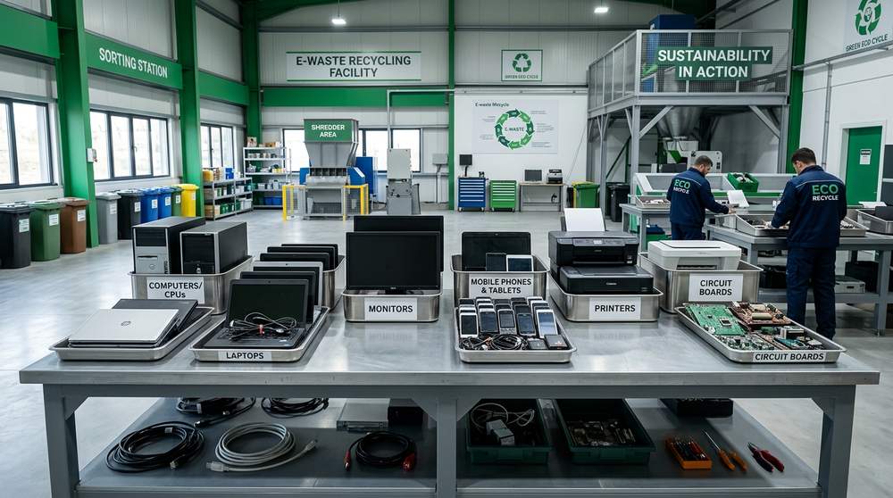 Various types of electronic waste sorted on an industrial table including computers, monitors, and mobile phones at WMG recycling facility