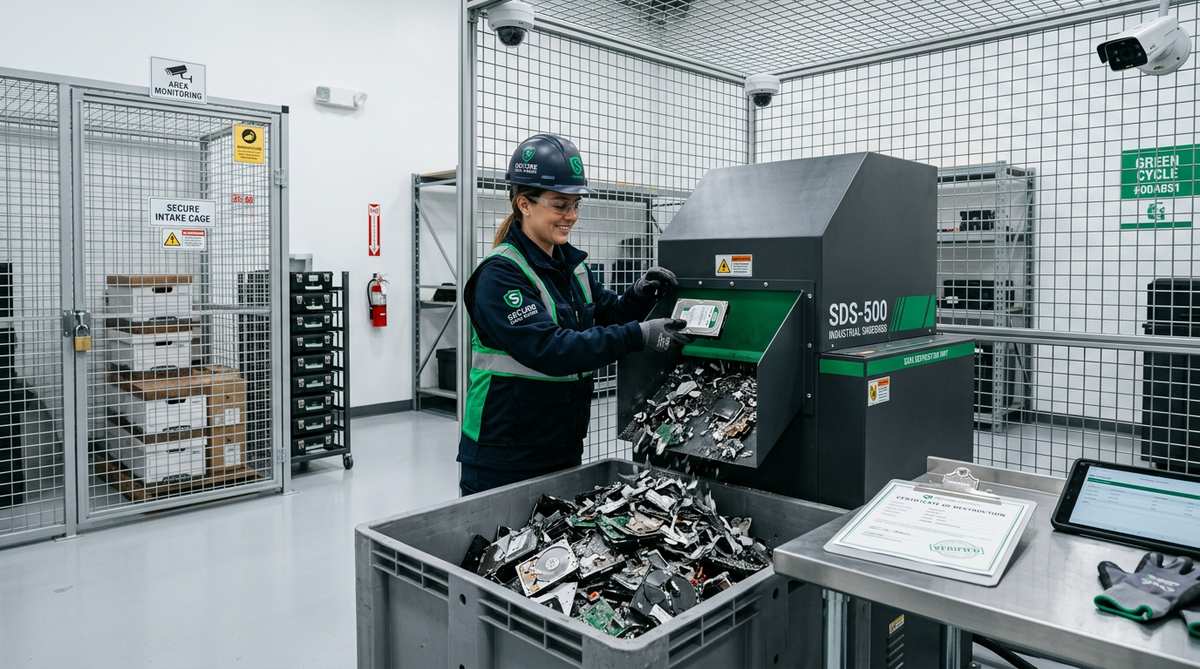 Secure data destruction facility with industrial hard drive shredder and certified data wiping equipment for GDPR compliant data disposal
